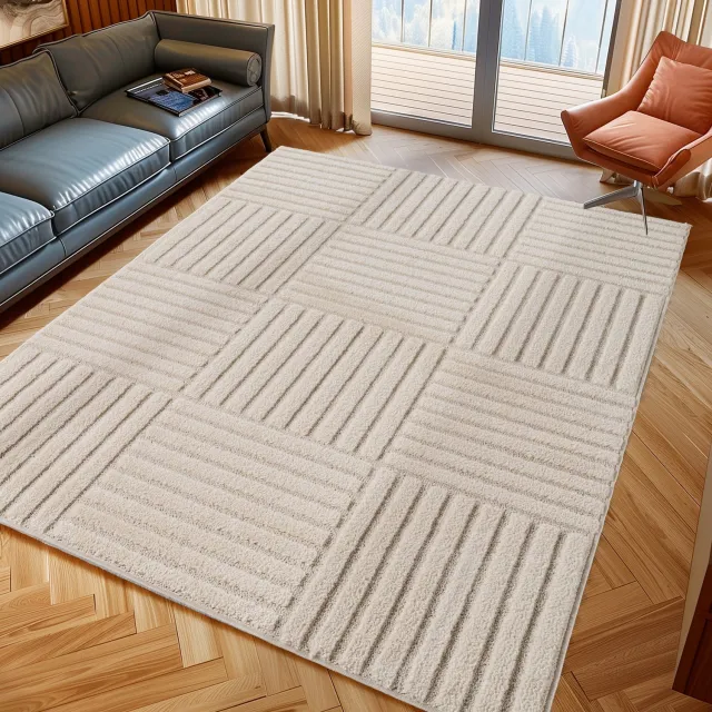 Moonay Kiyaro Kubo Vloerkleed Crème 280 x 370 cm - Japandi Scandinavisch - Geometrische Strepen - Hoog- en Laagpolig 3D