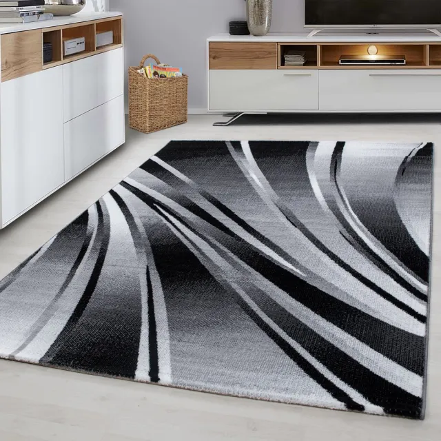 Parma Laagpolig vloerkleed, abstract golfpatroon, zwart, woonkamerkleed, jute achterkant, afmeting: 140 x 200 cm grijs