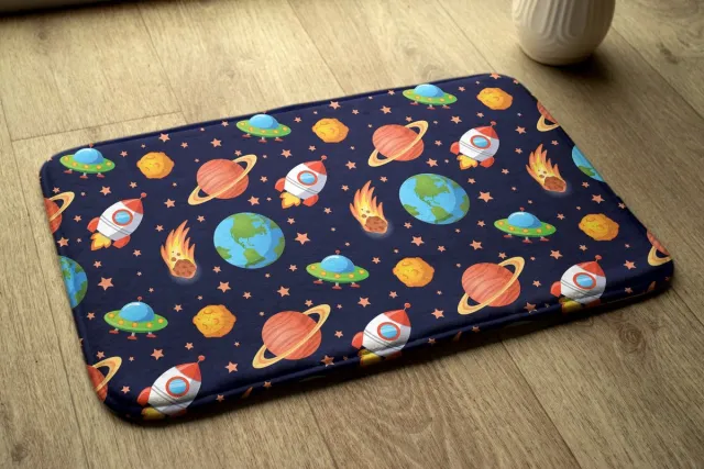 Coloray Vloerkleed voor Kinderkamer - Marine Woonkamer Tapijt - Ruimte En Raketten Klein Vloerkleed - Oranje Accenten Slaapkamer Tapijt - Antislip Vloerkleed Voor Kinderen - 75x45 cm Marine - Ruimte En Raketten