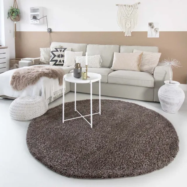 Tapeso Hoogpolig vloerkleed shaggy Trend effen rond - bruin 160 cm rond Taupe
