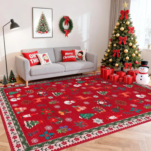 Triumpunpre Vloerkleed 120x170 cm, Rood, Kerst Sneeuwpop Motief, Wasbaar, Antislip, Zacht Polyester