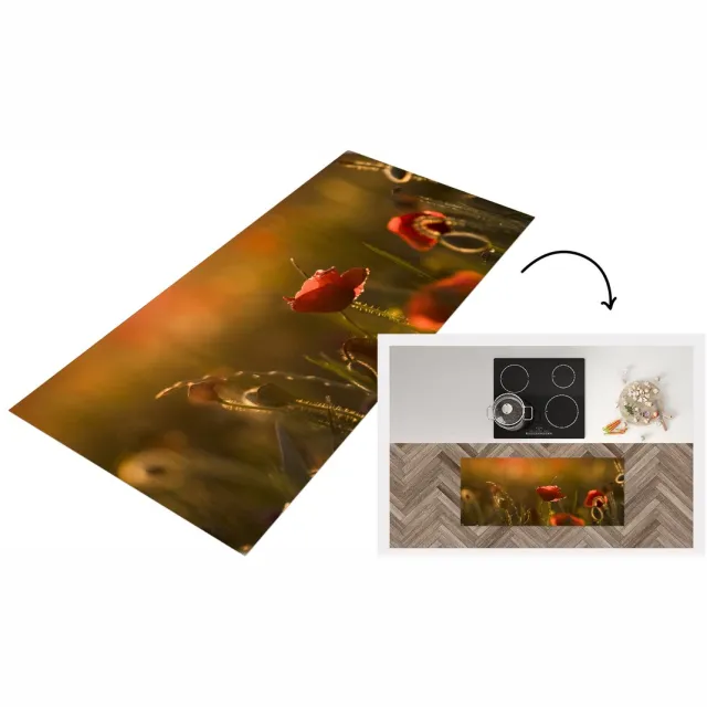 KitchenYeah Keukenloper - Loper keuken - Klaproos - Zonsondergang - Goud - Keukenloper vinyl Multicolor