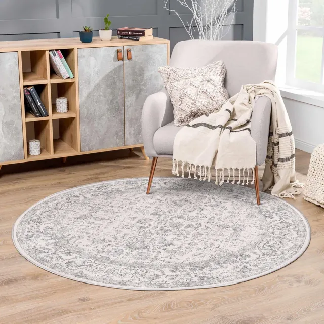 Ibenzoa Grijs vintage rond vloerkleed 150 cm met antislip en wasbare eigenschappen voor elke ruimte