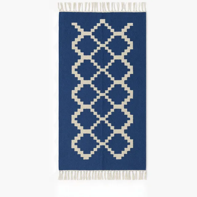 Kelima Handgemaakt Wollen Vloerkleed - 70x140 cm - 100% Natuurlijk - Senon Blauw diamantmotief