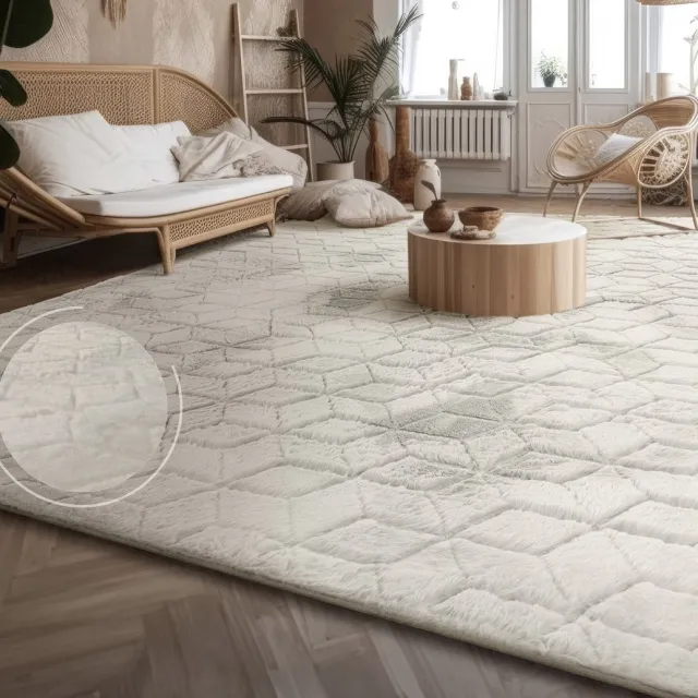 flycarpets Zacht fluffy vloerkleed - Arinzo Geo Crème - Hoogpolig Tapijt Woonkamer / Slaapkamer / Kinderkamer Creme