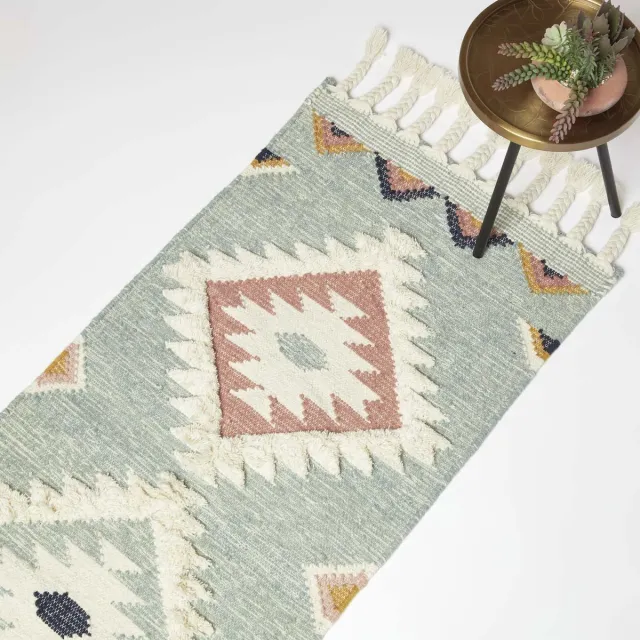 Homescapes Handgeweven Kelim Runner Tenali - 66 x 200 cm, blauw patroon Veelkleurig