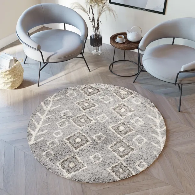 Tapiso Boho Vloerkleed Rond Grijs Shaggy Bohemian Scandinavisch Modern Slaapkamer Woonkamer Hal