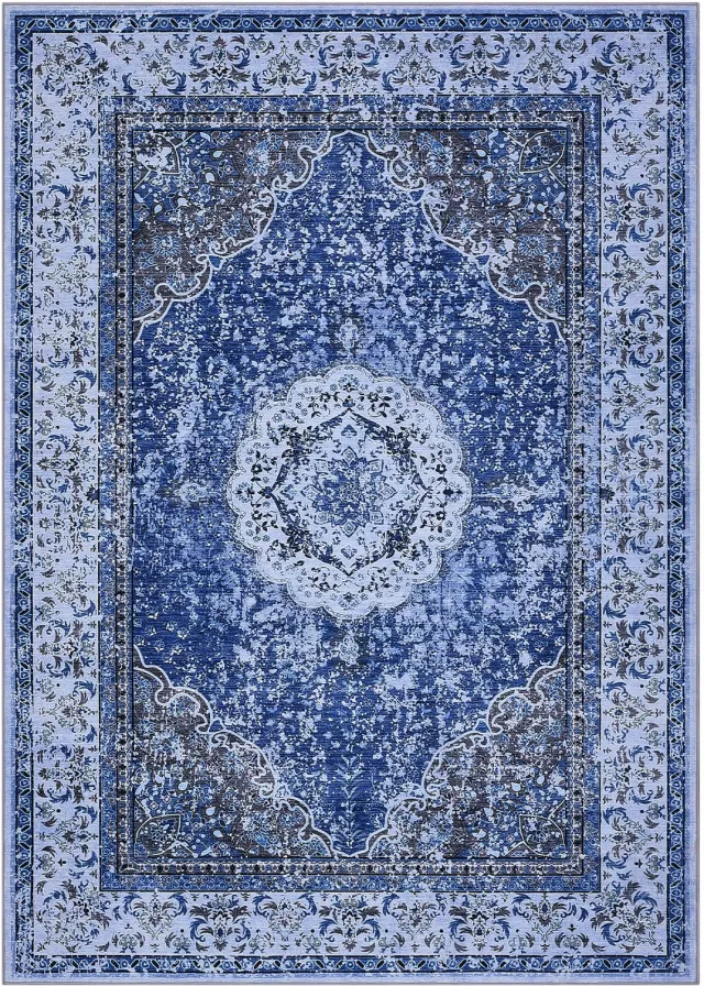 Danky Vintage Vloerkleed 160 x 230 cm - Wasbaar & Antislip - Laagpolig & Opvouwbaar Grijsblauw