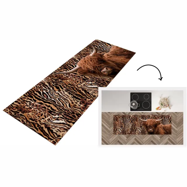 KitchenYeah Keukenloper - Loper keuken - Schotse hooglander - Panterprint - Dieren - 150x50 cm - Keukenloper vinyl Multicolor