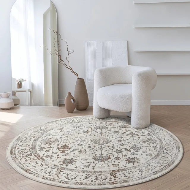 the carpet Mila – Klassiek glanzend vloerkleed met bloemenpatroon, geschikt voor woonkamer en eetkamer, crème beige met klassieke bloemen, 200 cm rond