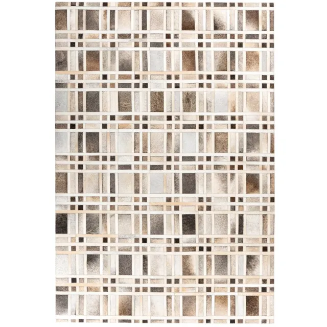 Padiro leren designvloerkleed - lichtbeige - modern patchworkontwerp - met rasterpatroon - voor vloerverwarming - van leer