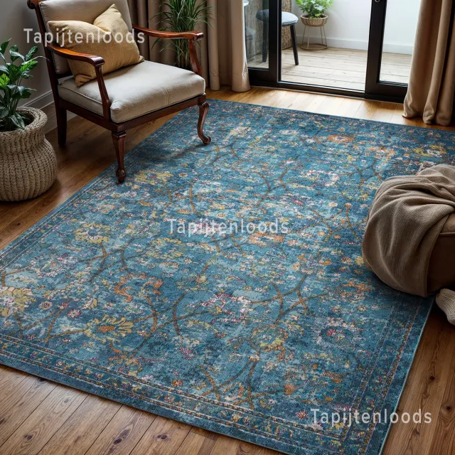 Muratap Picasso Sarough Vintage Vloerkleed Blauw Laagpolig- 140x200 CM Multikleur