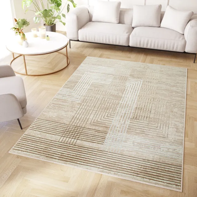 Tapiso Crystal Vloerkleed Beige Creme Lijnen 3D Effect Tapijt, foto 8