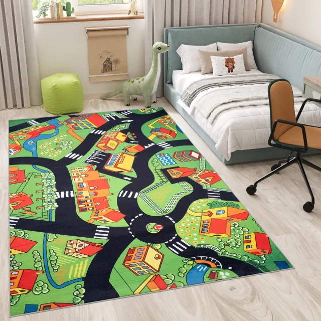 Tapiso Flannel Printed Kindertapijt Antislip Groen Stad Kinderkamer Vloerkleed Maat- 140x200 Groen 2