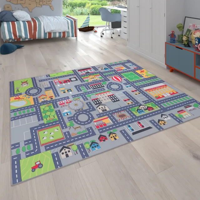 flycarpets Binola Kindervloerkleed Grijs / Kleurrijk - 100x200 cm - Auto Speelkleed / Speelmat Stad - Laagpolig Vloerkleed Kinderkamer