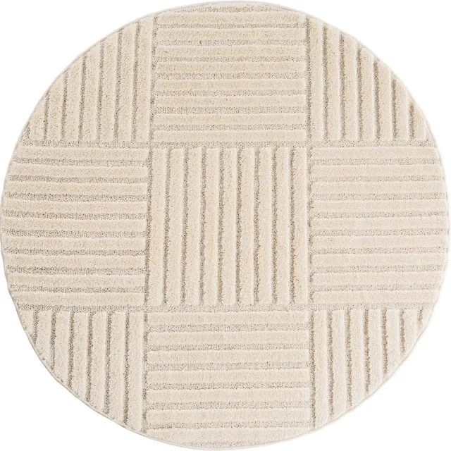 Moonay Kiyaro Kubo Vloerkleed Crème 160 cm rond - Japandi Scandinavisch - Geometrische Strepen - Hoog- en Laagpolig 3D