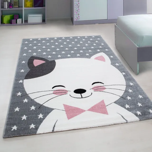 flycarpets Flycarpets - Kids Kinderkamer Kat Roze Vloerkleed - 80x150 cm Grijs
