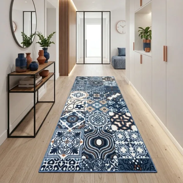 Floordirekt Tapijtloper Newport - Met Patroon - Op Maat gemaakte Fijne Lus Tapijtloper Voor Keuken, Hal & Woonkamer - 80 x 100 cm Blauw