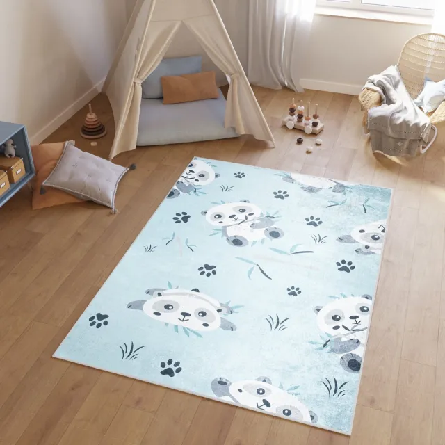 Tapiso Emma Vloerkleed Kinderkamer Blauw Panda Baby Kinderen Speelmat- 80x150 Blauw 10