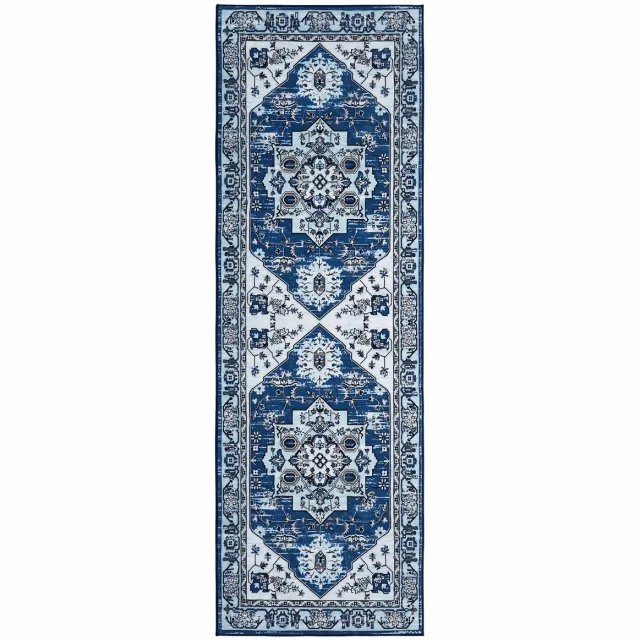 Happiq Vintage Deurmat 60x230cm - Laagpolig, Machinewasbaar en Antislip - voor hal en slaapkamer - Blauw Polyester - Blauw 80 x 150 cm