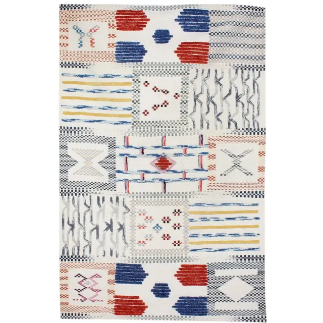 Padiro stijlvol laagpolig vloerkleed 120 x 170 cm - crème / offwhite - abstract boho-ontwerp - patchworkstijl - voor vloerverwarming - van wol en katoen beige