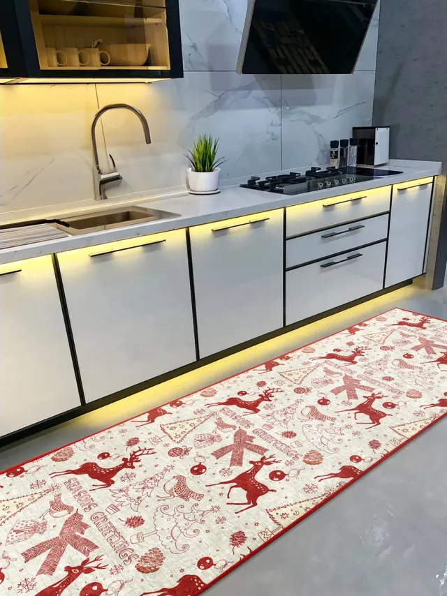 De Groen Home Vloerkleed 65x180cm - Keukenloper - Kerst rendieren - Wasbaar Antislip - Laagpolig Zacht Tapijt- De Groen Home Rood