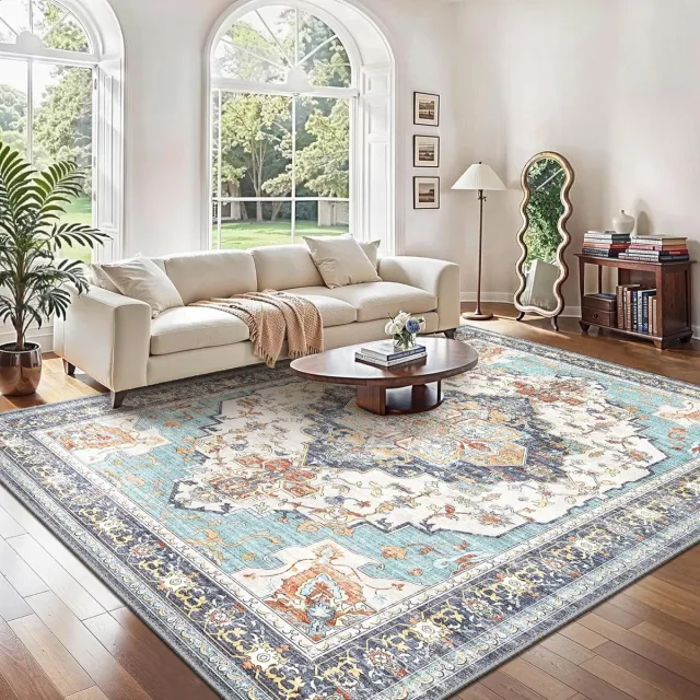 GENIMO Wasbaar Vloerkleed Vintage, Antislip Tapijt voor Woonkamer, Slaapkamer of Keuken, Antislip Onderkant Duurzame Vloermat, Cyaanblauw, 160x230CM