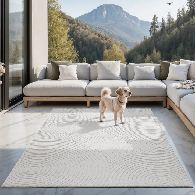 the carpet Santo Plus – Weerbestendig outdoor vloerkleed met cirkelpatroon en 3D structuur, geschikt voor balkon, terras en woonkamer, crème met 3D cirkelpatroon, 160 x 220 cm