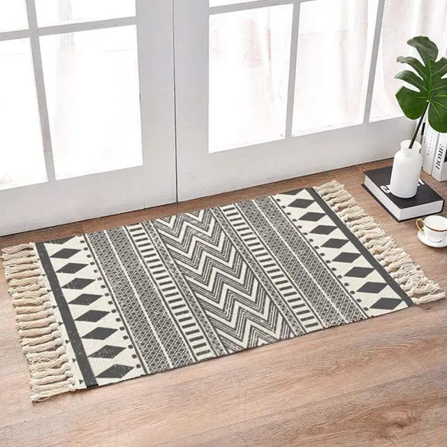 Ibenzoa Grote Katoenen Tapijtloper met Handgeknoopte Kwastjes - 60x90cm - Multifunctioneel en Stijlvol grijs