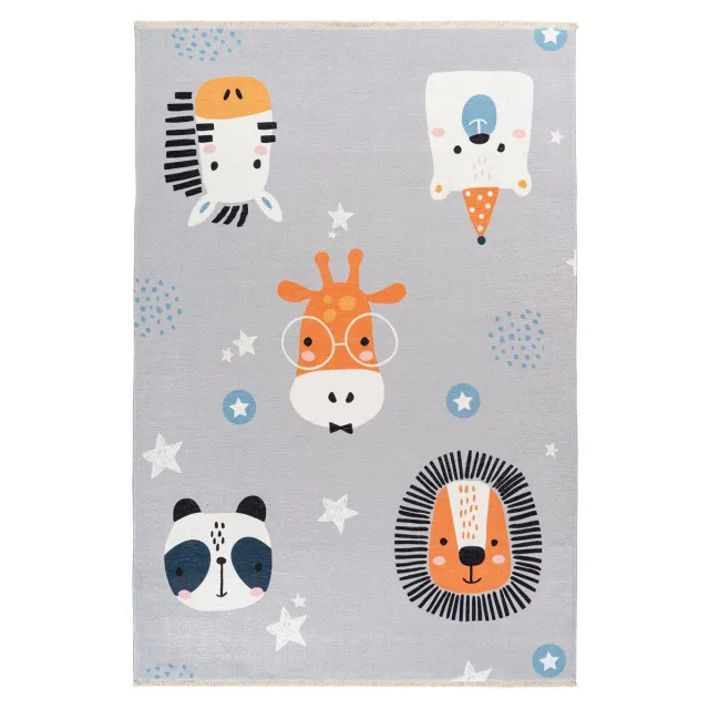 Padiro speels kindervloerkleed 115 x 170 cm - lichtblauw - speels kindermotief - met dieren- en sterrenmotief - met franjes - van katoen en polyester
