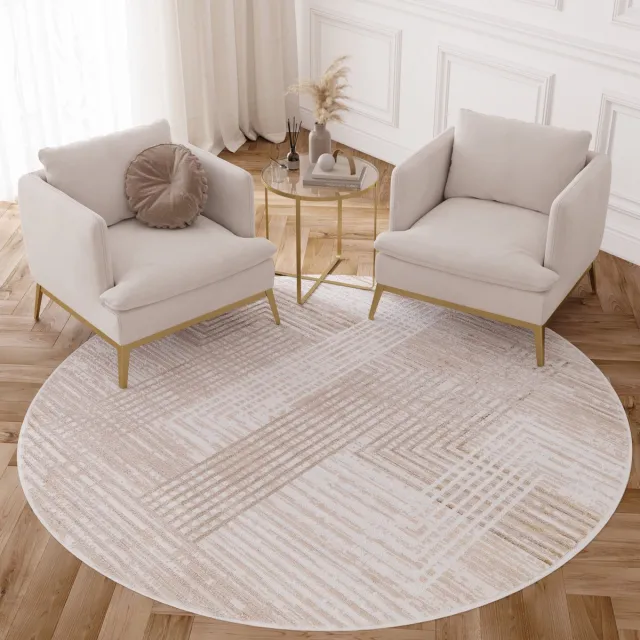 Tapiso Crystal Rond Vloerkleed Beige Laagpolig Lijnen Woonkamer Tapijt Maat- 80x80 Beige 2