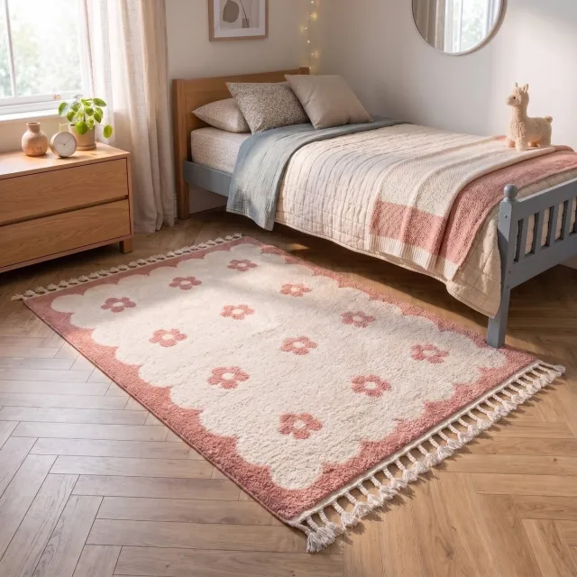 Little Olly Wasbaar kindervloerkleed - Moos Flower Roze - 230x330 cm