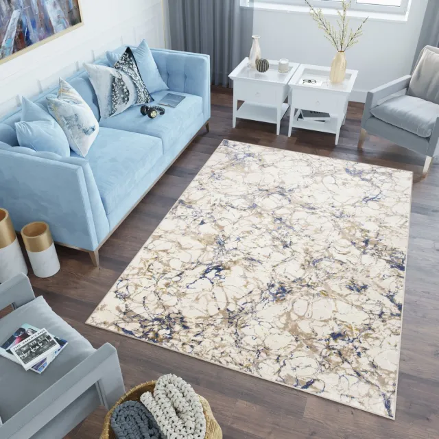 Tapiso Asthane Vloerkleed Beige Bruin Blauw Slaapkamer Woonkamer Tapijt Beige Donkerblauw2 2