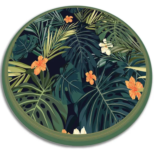 TULUP Vinyl Tapijt - Tropische bladeren Vinylmat - 140 cm - Zwart PVC Floor Mat - Ronde PVC Vloer Mat - Woonkamertapijt - Kantoortapijt Zwart Tropische bladeren