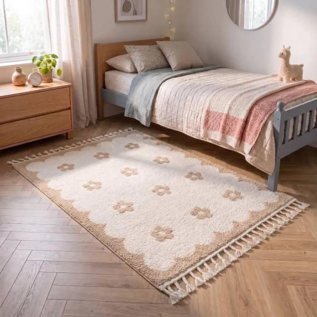 Little Olly Wasbaar kindervloerkleed - Moos Flower Creme - 140x200 cm Crème