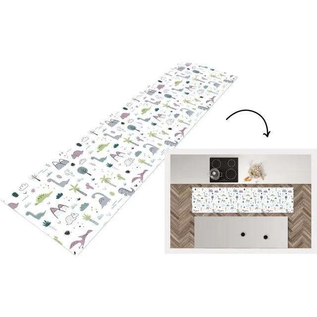 KitchenYeah Keukenloper - Loper keuken - Patroon - Dinosaurus - Kinderen - 240x60 cm - Keukenloper vinyl Multicolor