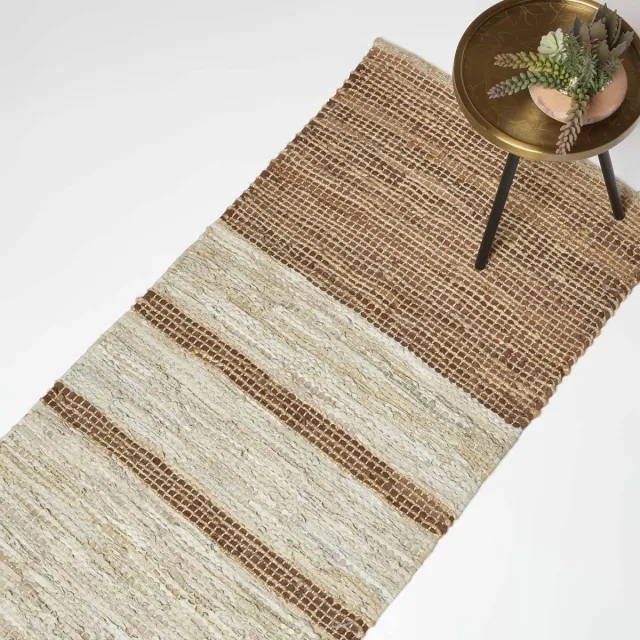 Homescapes leren tapijt beige-bruine strepen 66 x 200 cm - tapijt gemaakt van gerecycled leer Bruin-Beige
