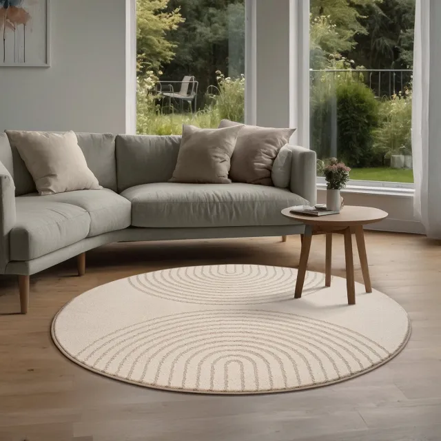 the carpet Elisa – Rond Hoogpolig Vloerkleed met Modern Geometrisch Patroon – Beige – Ø 120 cm