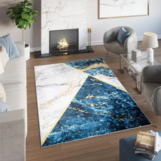 Tapiso Toscana Vloerkleed Blauw Grijs Gouden Marmer Tapijt