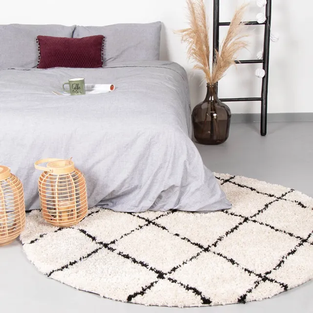 Fraai Hoogpolig vloerkleed - Grand Lines Rond Creme/Zwart - Ø 150cm