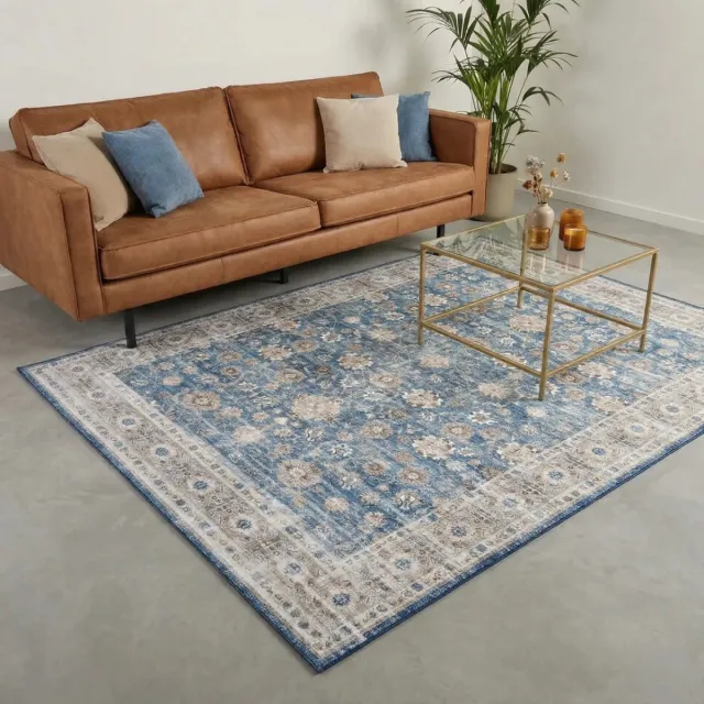 flycarpets Burano Vintage Vloerkleed - Blauw - Laagpolig Tapijt Woonkamer - 240x340 cm