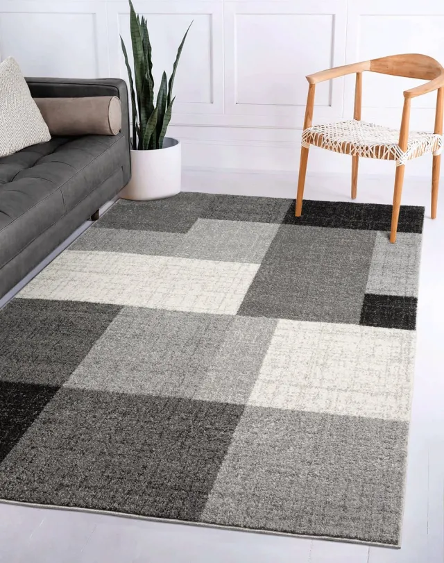flycarpets Belos Vloerkleed Geblokt - Grijs / Antraciet - Laagpolig - 160x220 cm