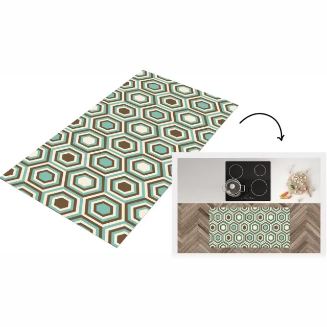 KitchenYeah Keukenloper - Keukenmat vinyl Retro - Honeycomb - Blauw - Bruin - Keukenmatten loper - Keuken vloerkleed tapijt