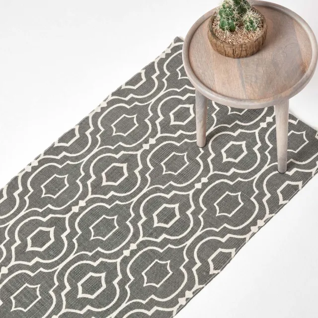 Homescapes Riga bedrukt katoenen vloerkleed met grijs en wit patroon, 66 x 200 cm Grijs, Wit
