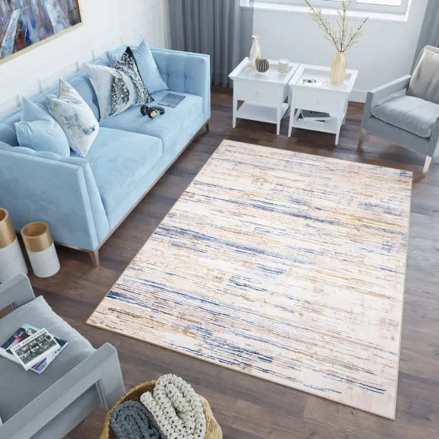 Tapiso Asthane Vloerkleed Beige Blauw Lijnen Modern Woonkamer Tapijt Lichtbeige