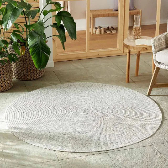 flycarpets Trenzado Rond Binnen- en buitenkleed Creme / Grijs Gemeleerd - Jute Look - Vloerkleed Buiten / Tuintapijt - Laagpolig