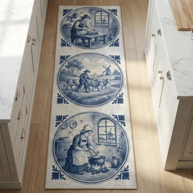 De Groen Home Vloerkleed 65x180cm - De Groen Home SmaakKunst Serie Oma’tje Keuken - Wasbaar Antislip - Laagpolig Zacht Tapijt Blauw