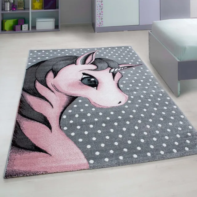 Ayyildiz Kinderkleed met eenhoornmotief, roze, kinderkamerkleed, jute achterkant
