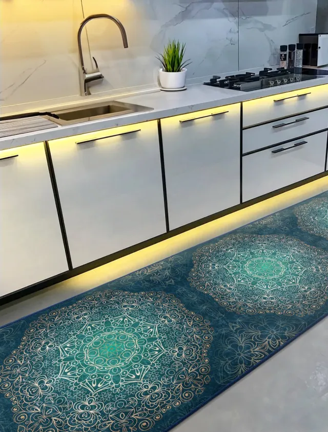 De Groen Home Vloerkleed 80x220cm - Deurmat binnen - Keukenloper - Laagpolig Zacht Tapijt - Halloper - Wasbaar Antislip - Gold Mandala