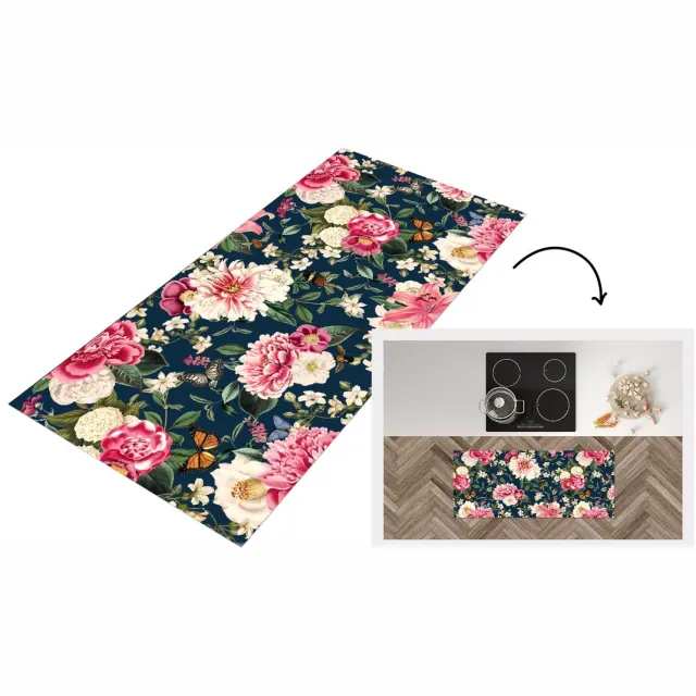 KitchenYeah Keukenloper 120x50 cm - Keukenmat vinyl Patronen - Roos - Bladeren - Keukenmatten loper - Keuken vloerkleed tapijt Rozen